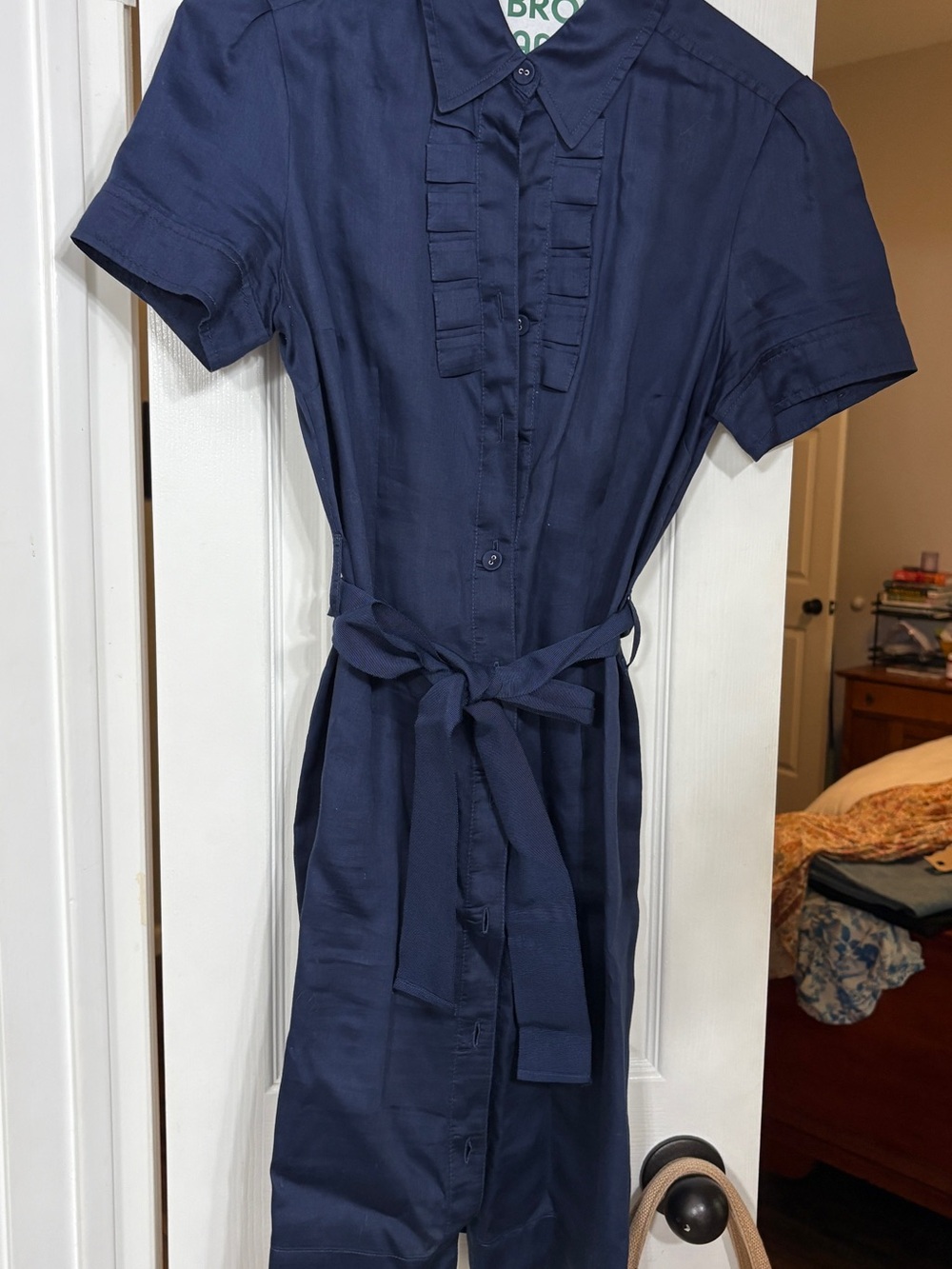 Banana Republic Navy Short-Sleeve Midi Shirt Dress with Tie Waist